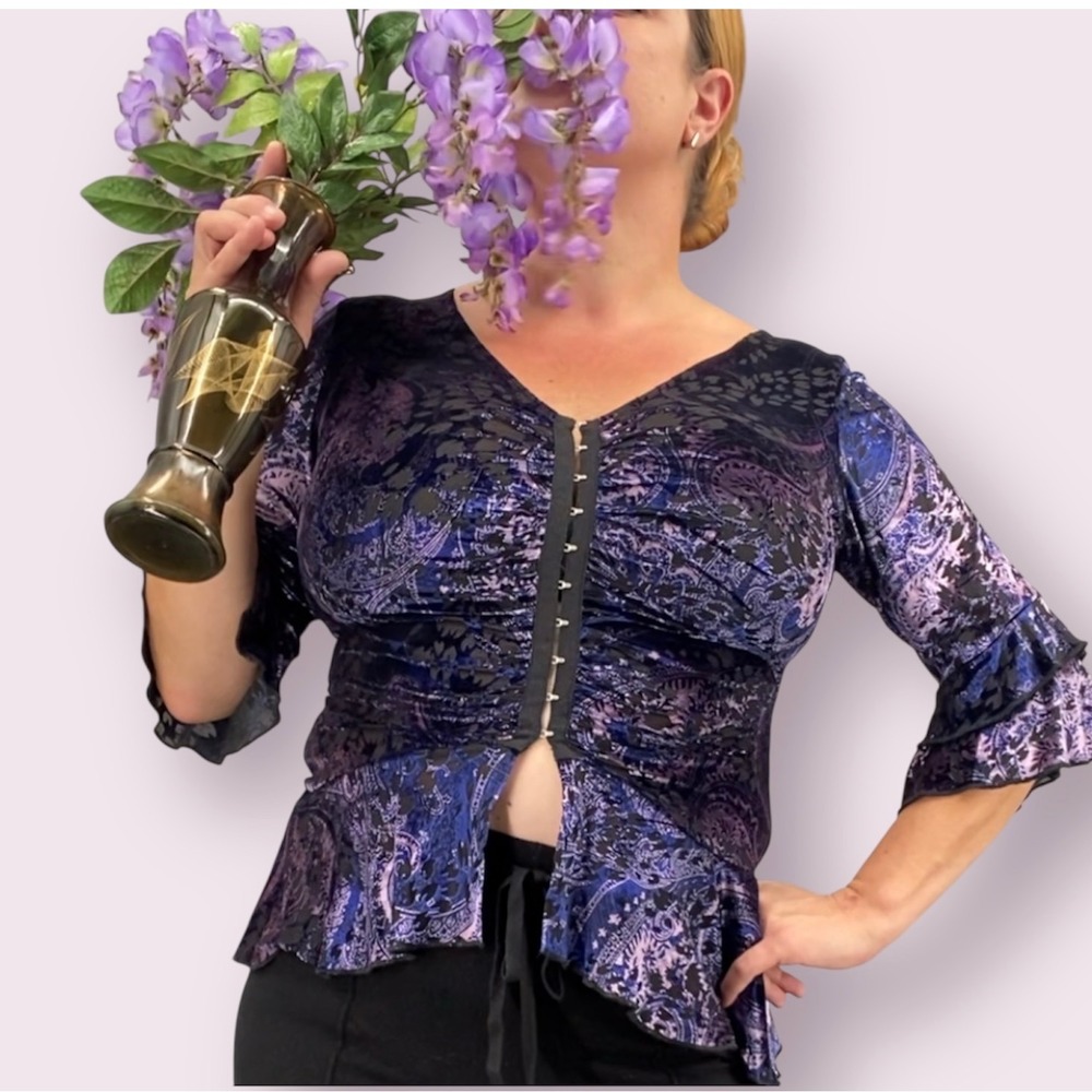 Venus Burnout Velvet Paisley‎ Blouse Top Ruched Hook Eye Bell Sleeve Purple XL
